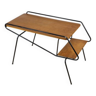 Vintage side coffee table in black lacquered metal and oak, 1950