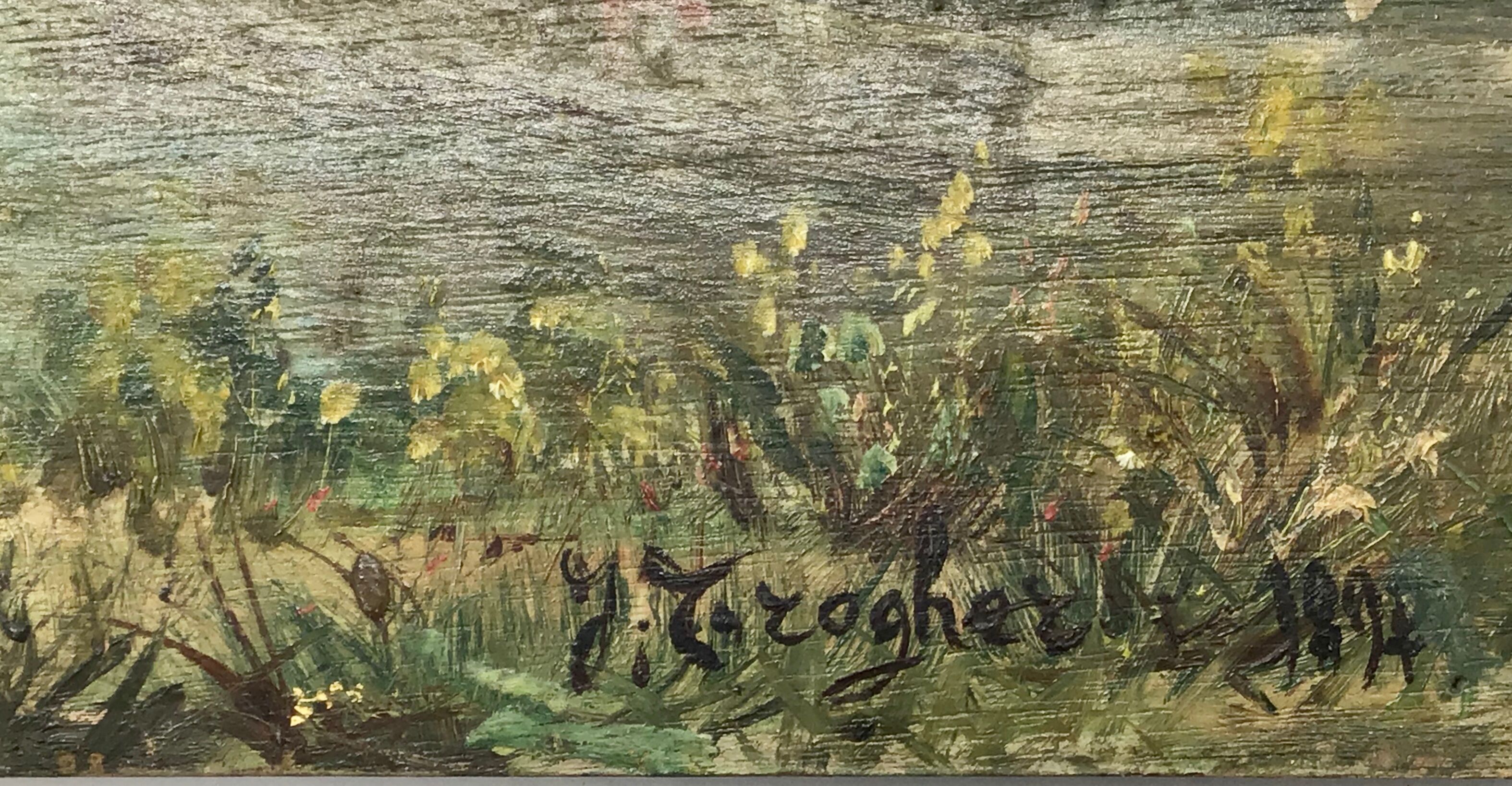 Ancient painting , Swiss landscape, signed and dated 1894