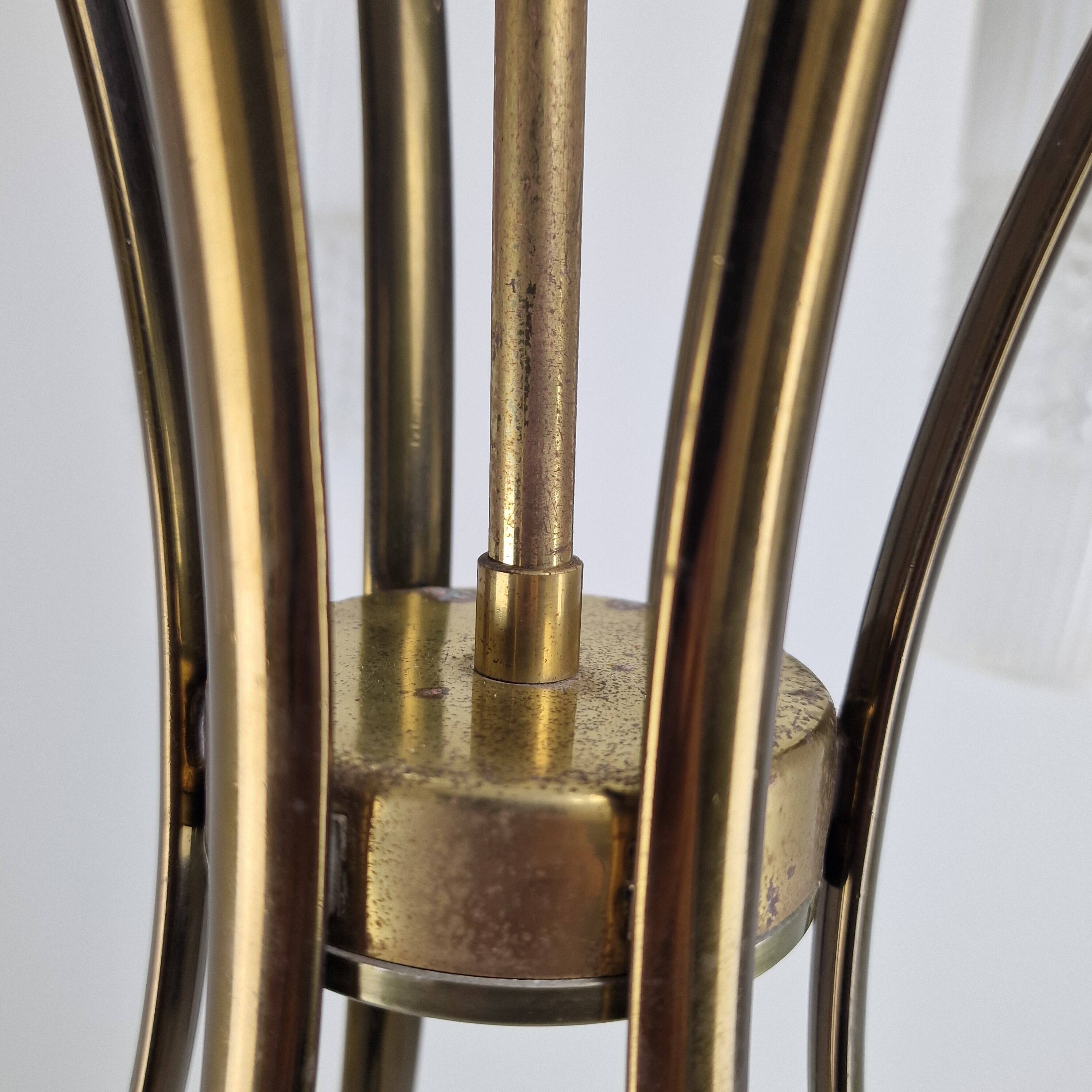 Italian Mid-Century Brass Chandelier with Murano Style Glass Shades, 1960's