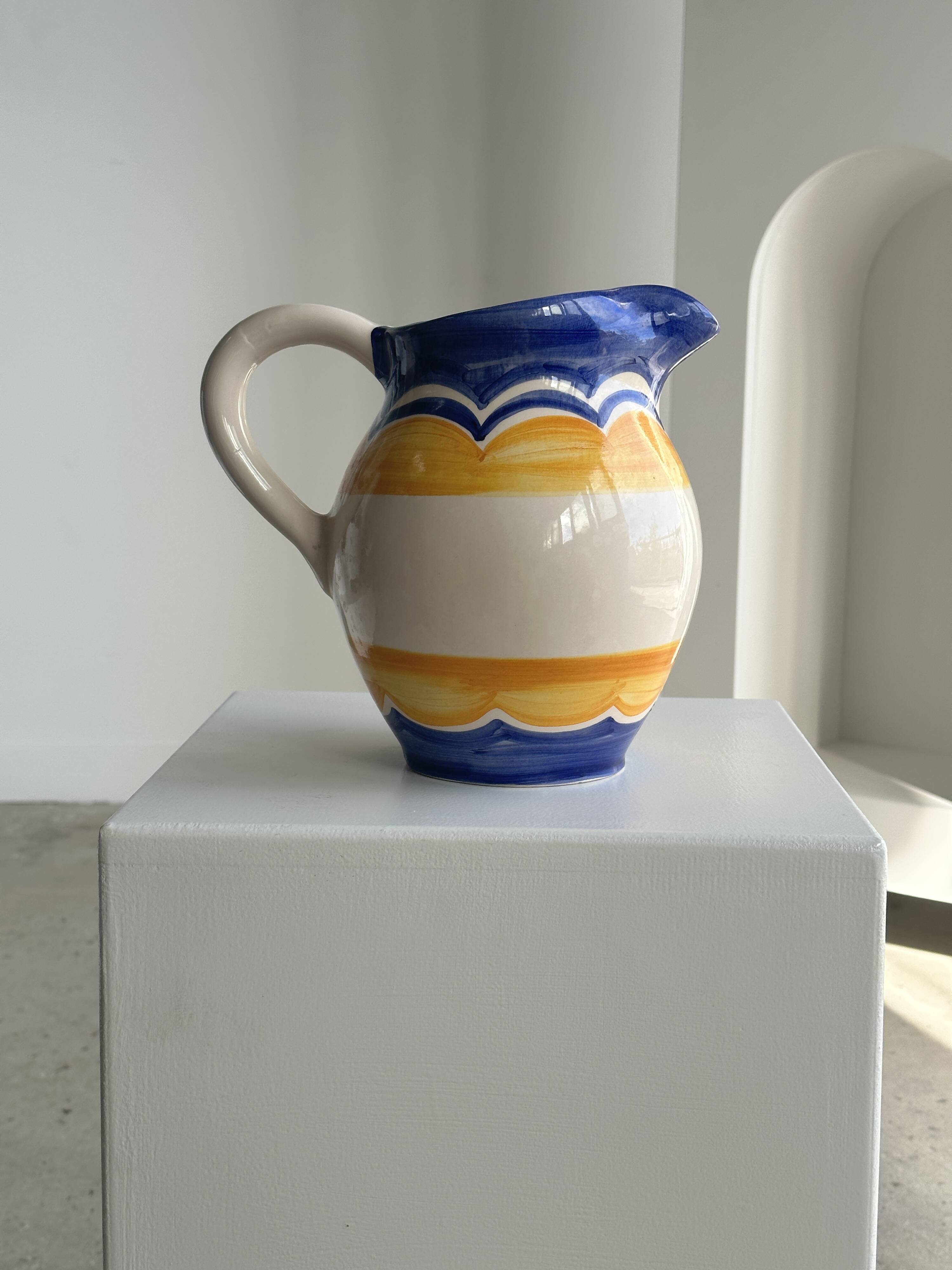 Large blue and yellow hand painted carafe H:20cm