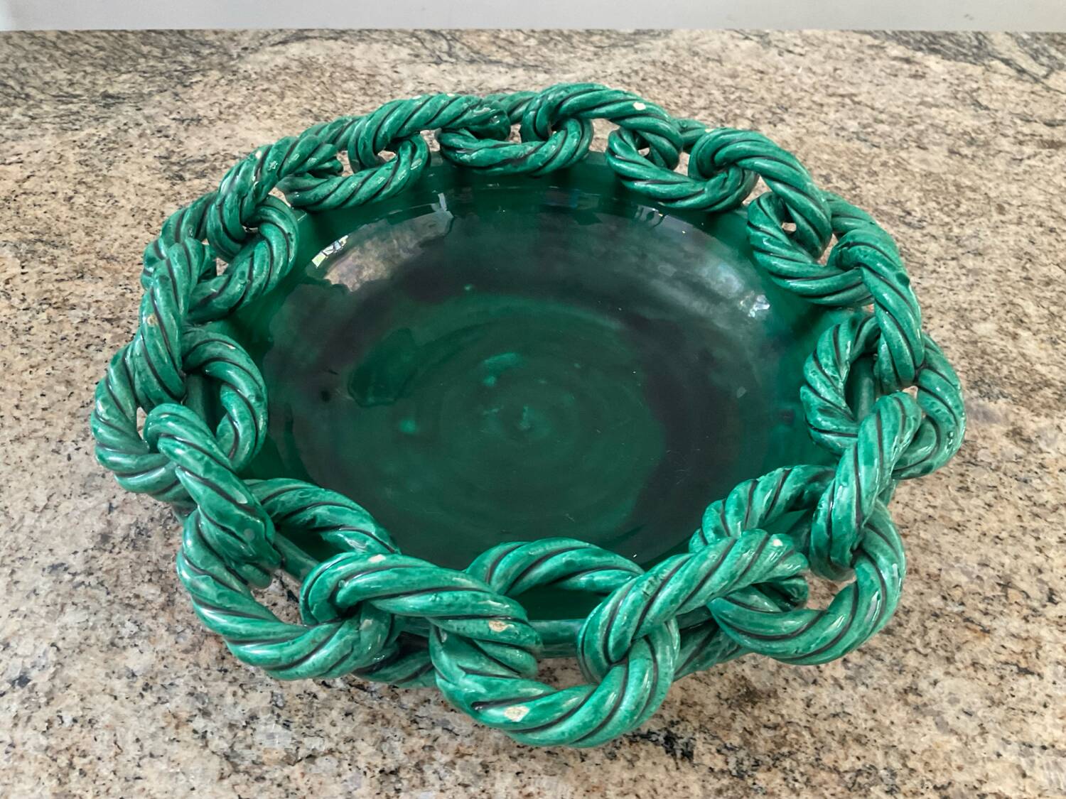 Large ceramic dish from Vallauris with green enamelled rope