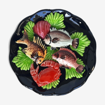 Assiette plat mural céramique de Vallauris poisson crabe, coquillage