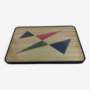 1950s tray with colored straw marquetry and geometric pattern