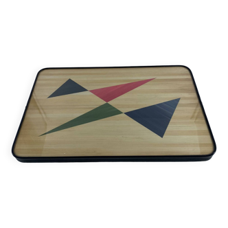 1950s tray with colored straw marquetry and geometric pattern