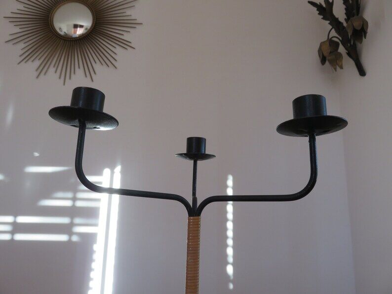 Scandinavian candle holder " LAURIDS LONBORG " metal and rattan 60s