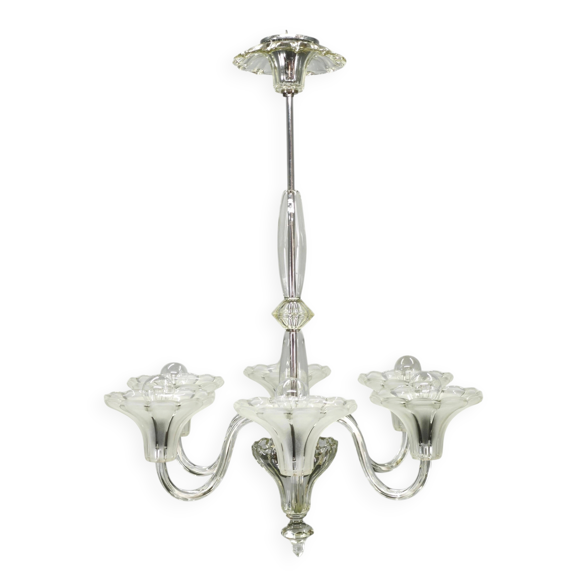 Art Deco Six-Arm Glass Chandelier, Czechoslovakia, 1930s