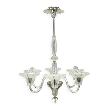 Chandelier en verre à six bras Art Déco, Tchécoslovaquie, années 1930