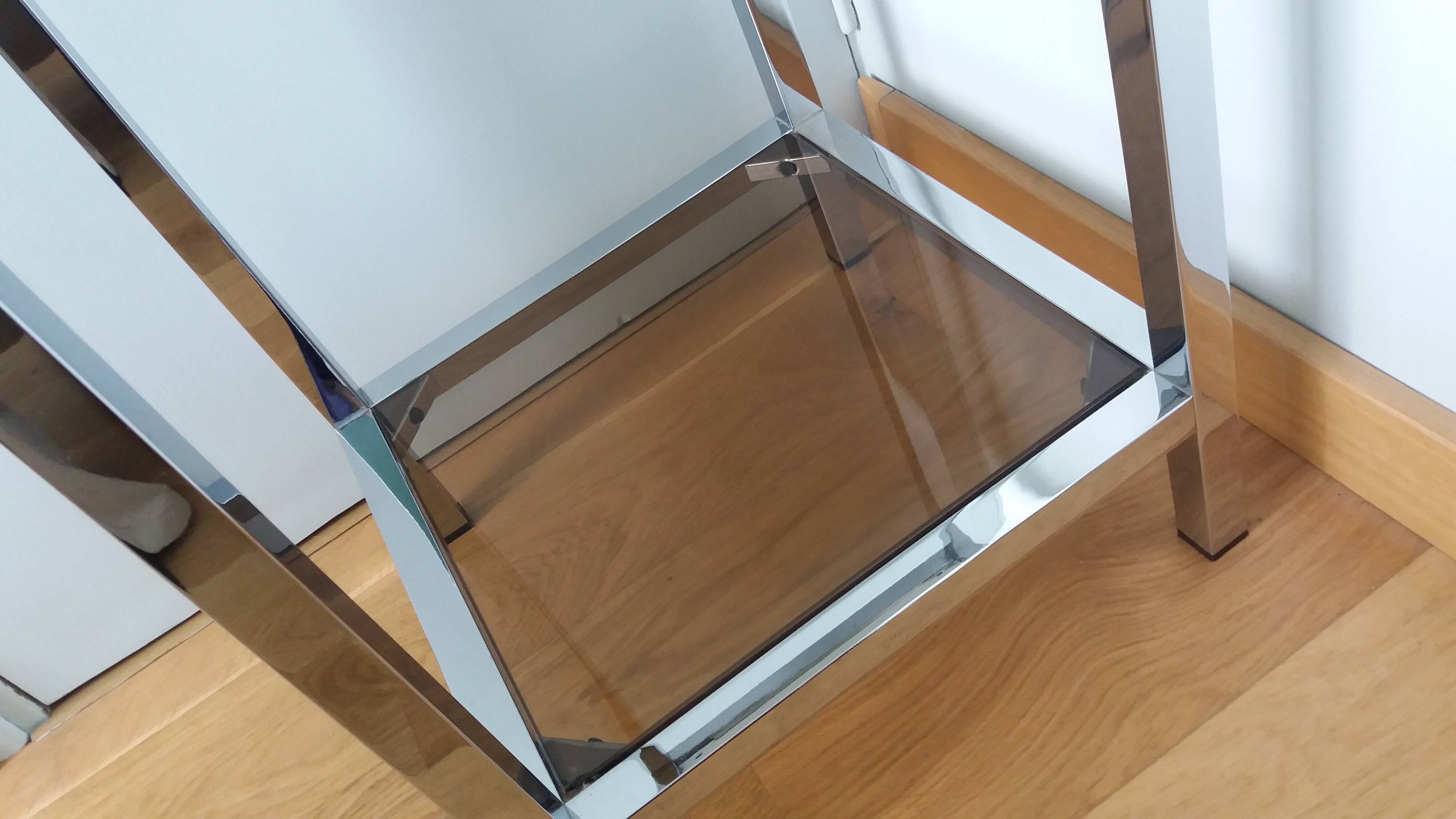Chrome metal and smoked glass console