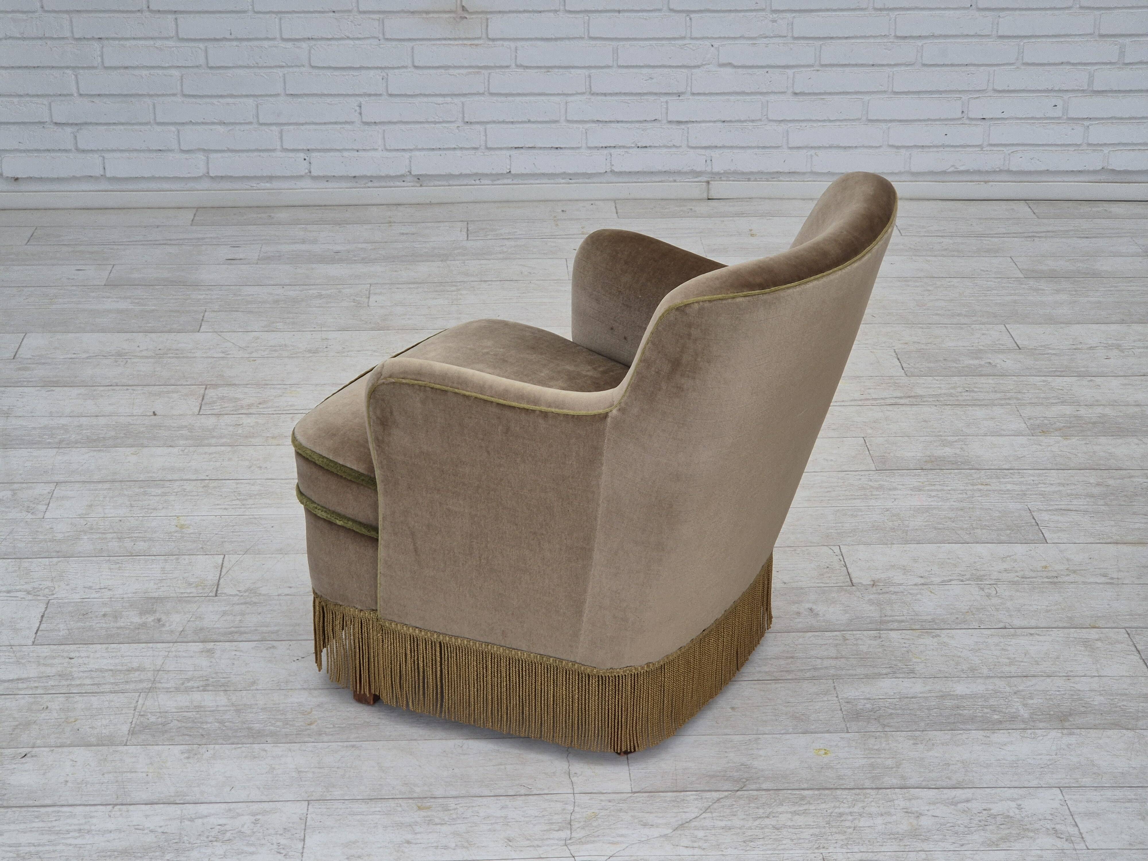 1970s, Danish lounge chair, original condition, furniture velour, beech wood legs.