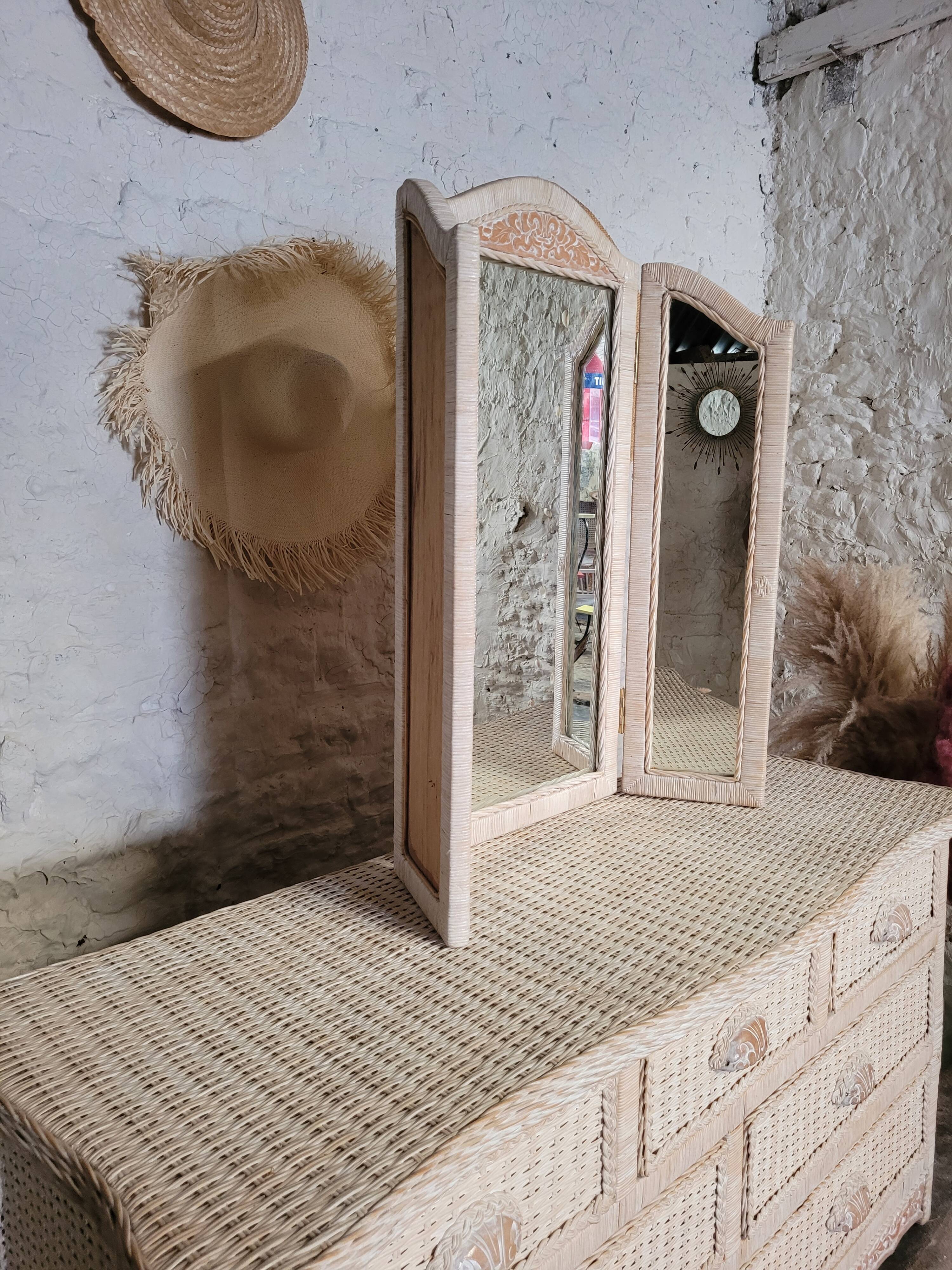 Rattan chest of drawers 80s and its mirror