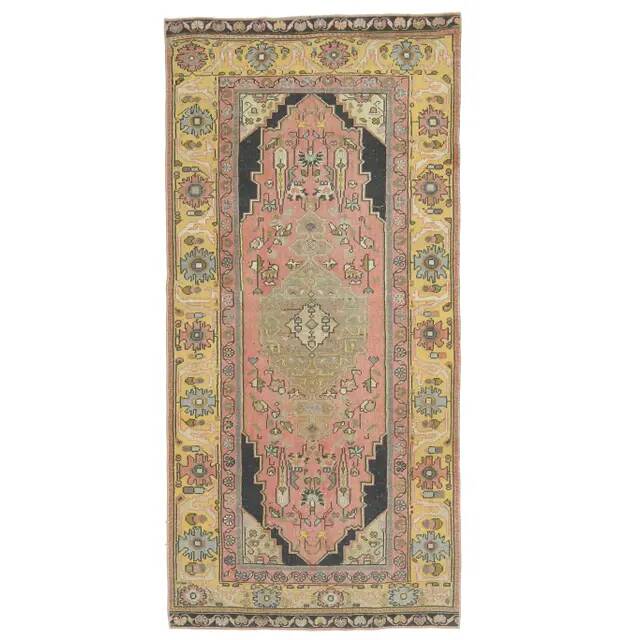 1970s Turkish Oushak Handmade Wool Cotton Pink Area Rug 108x225