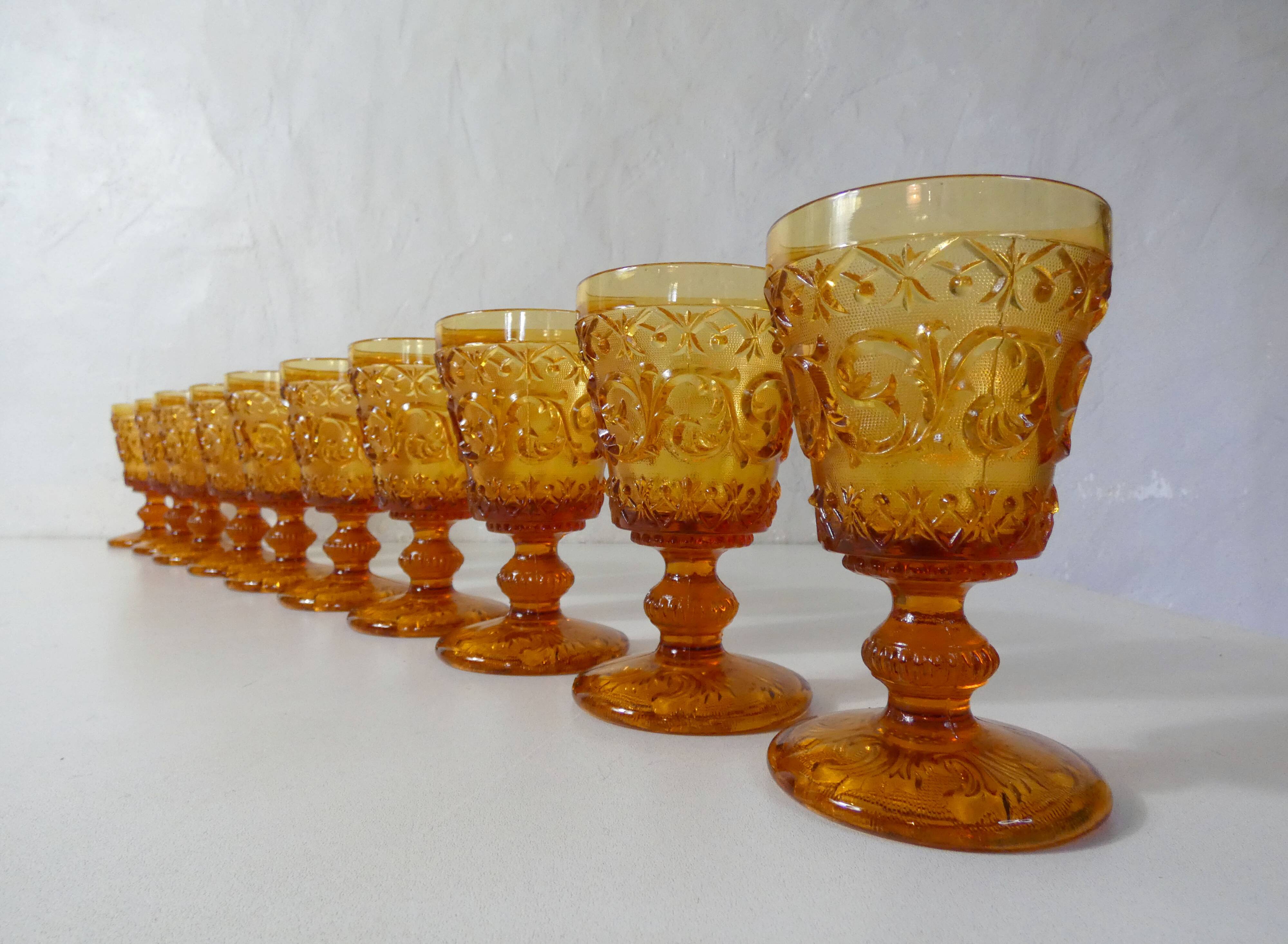 10 vintage pressed molded amber water glasses