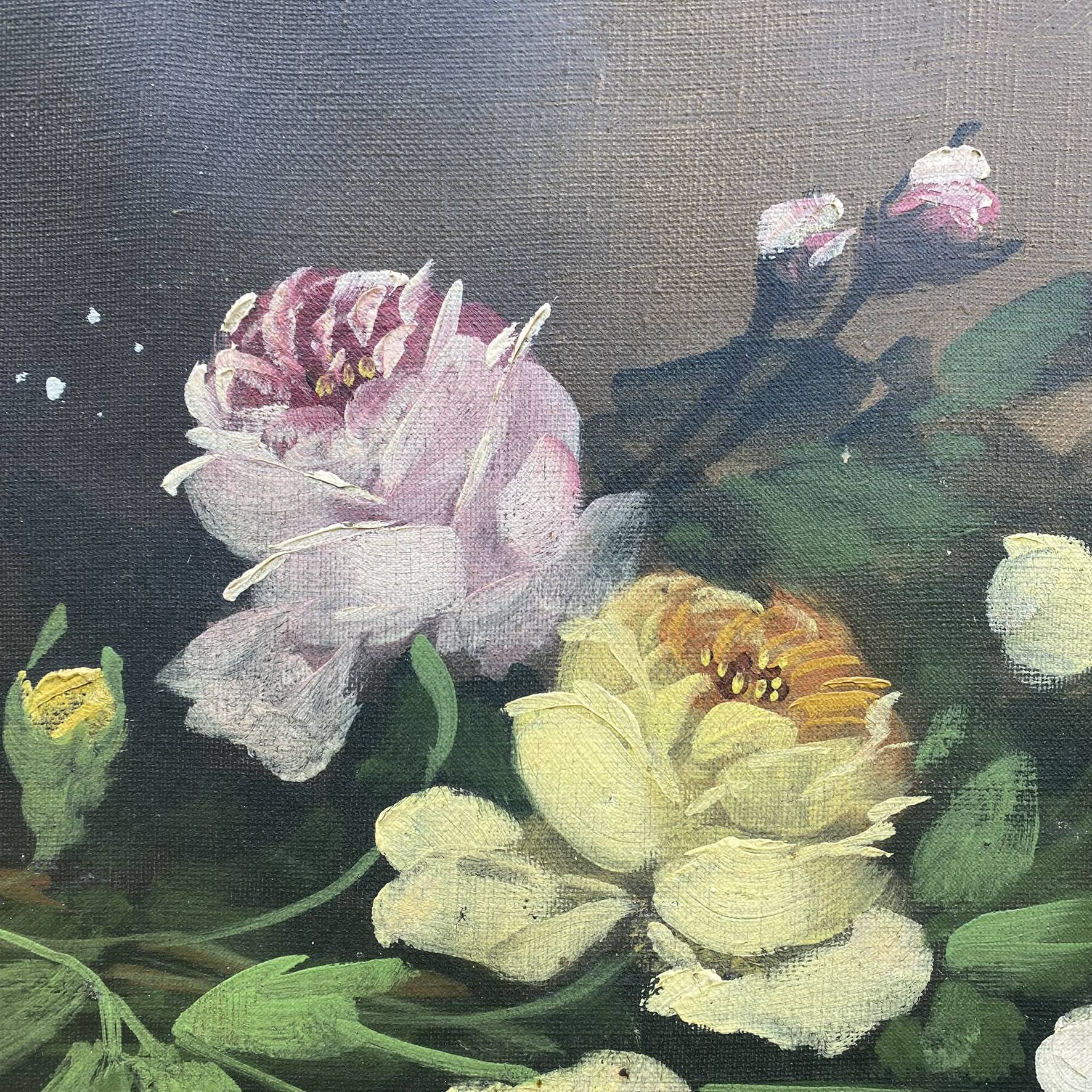 Old still life, old painting of flowers, bouquet of roses.