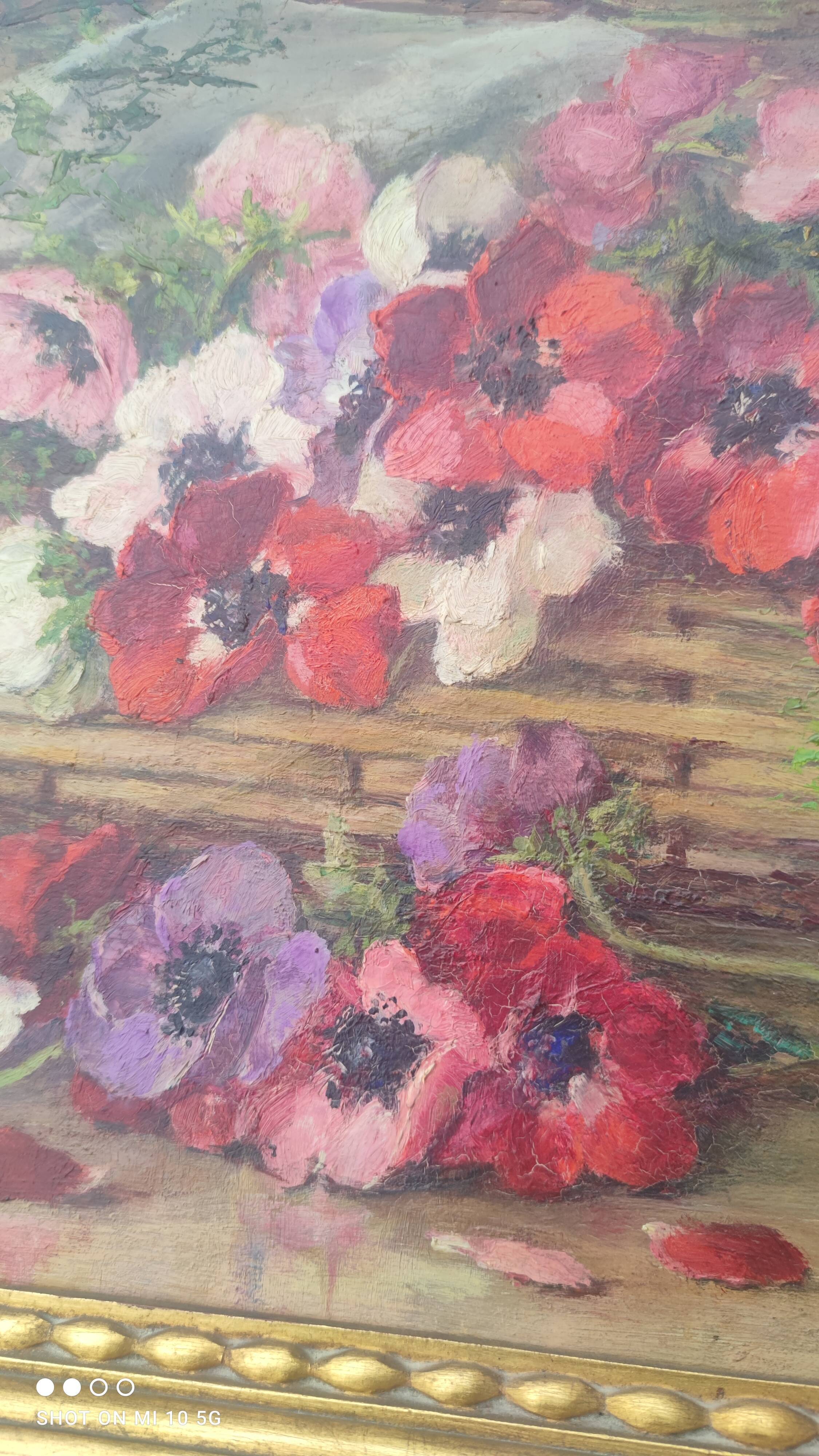 Still life painting, bouquet of flowers, oil on wood by Lillie Honnorat