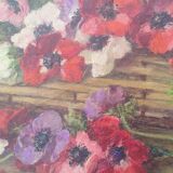 Still life painting, bouquet of flowers, oil on wood by Lillie Honnorat