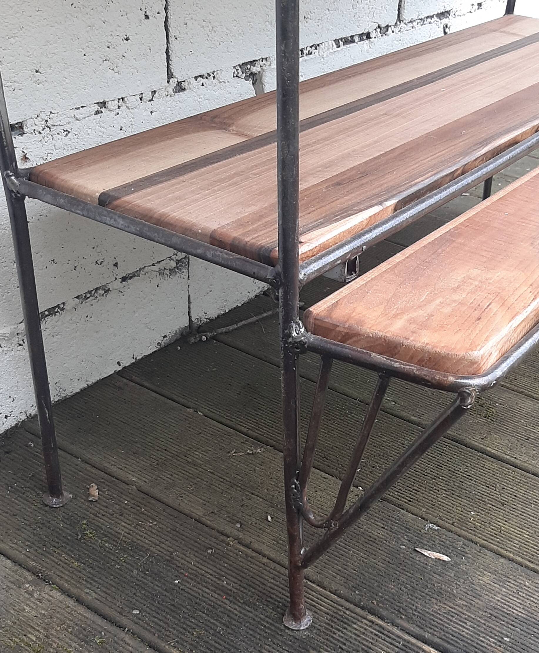 Wrought iron shelf, 3 walnut shelves