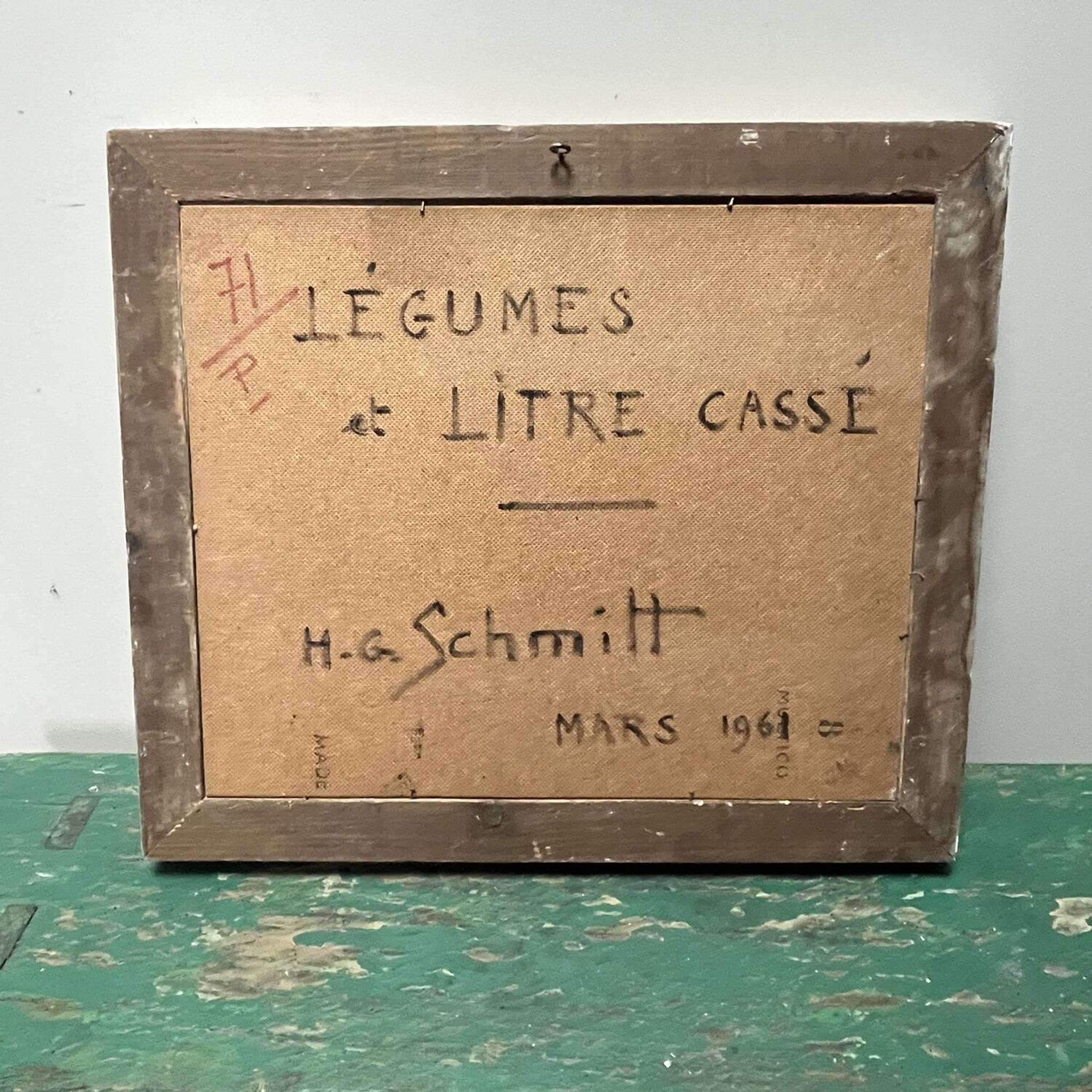 Tableau 1961 "Légumes et litre cassé "signé HG.Schmitt