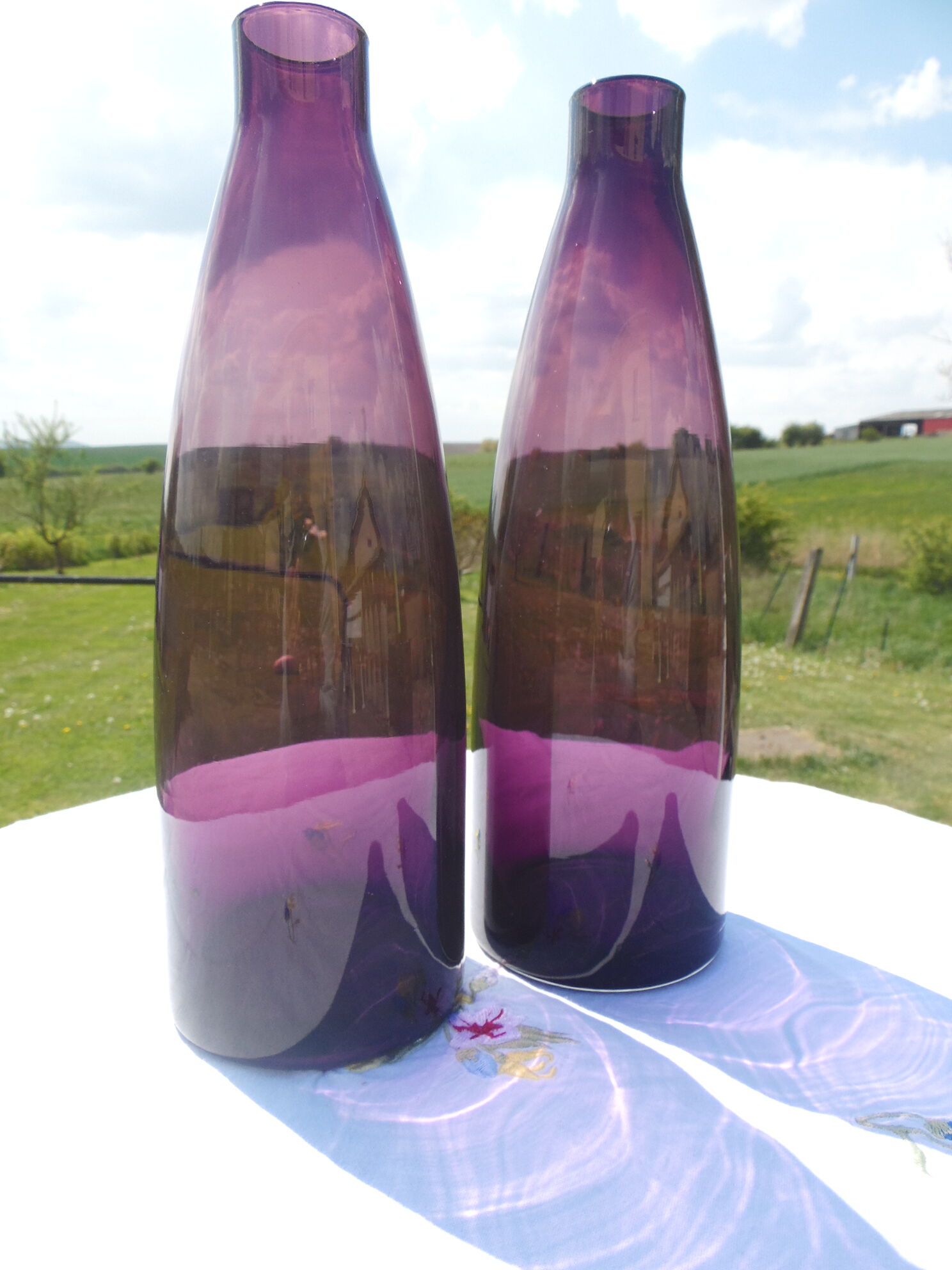 Purple glass vase duo