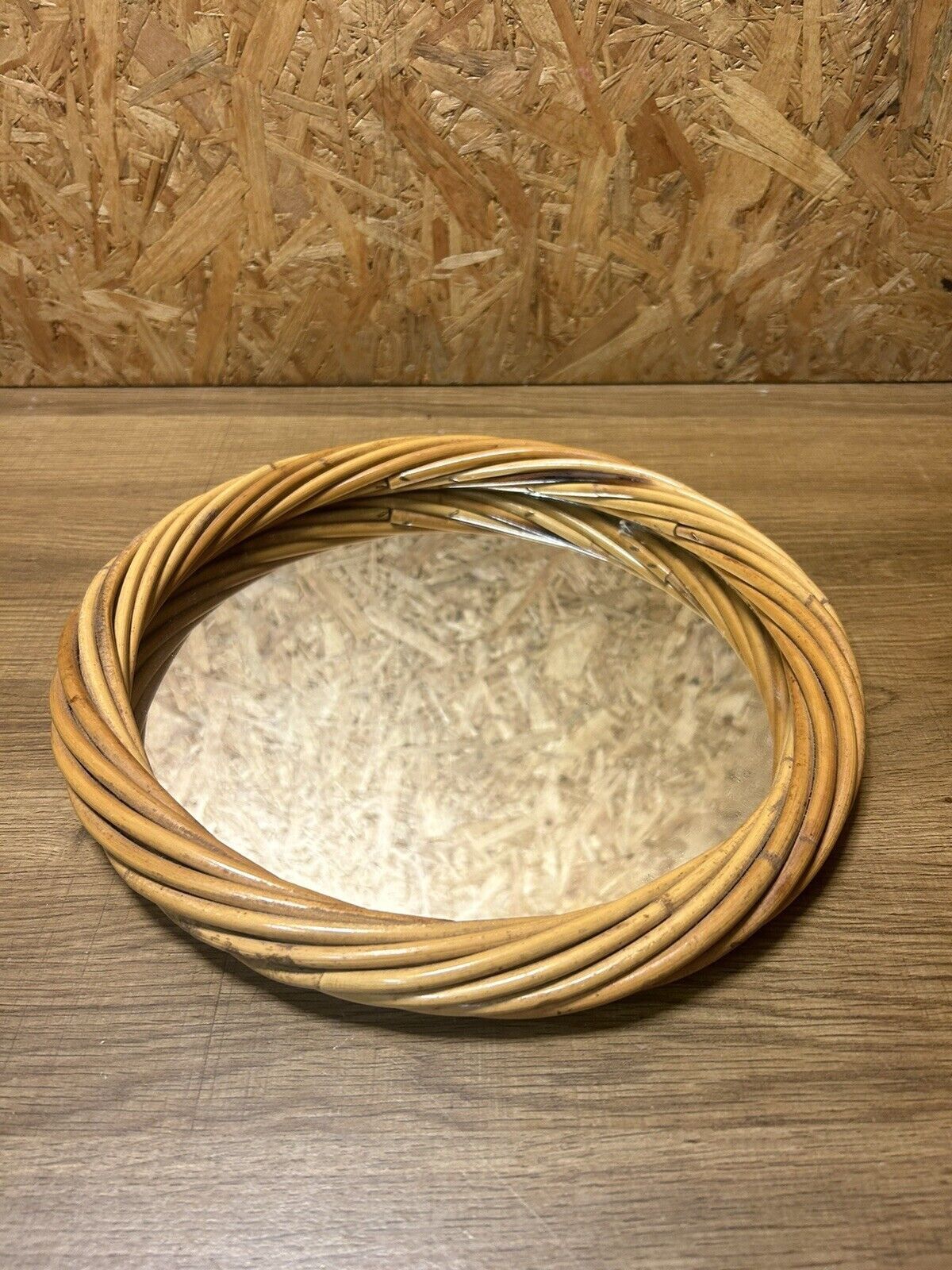 Old vintage rattan round mirror, 70s, pop decoration