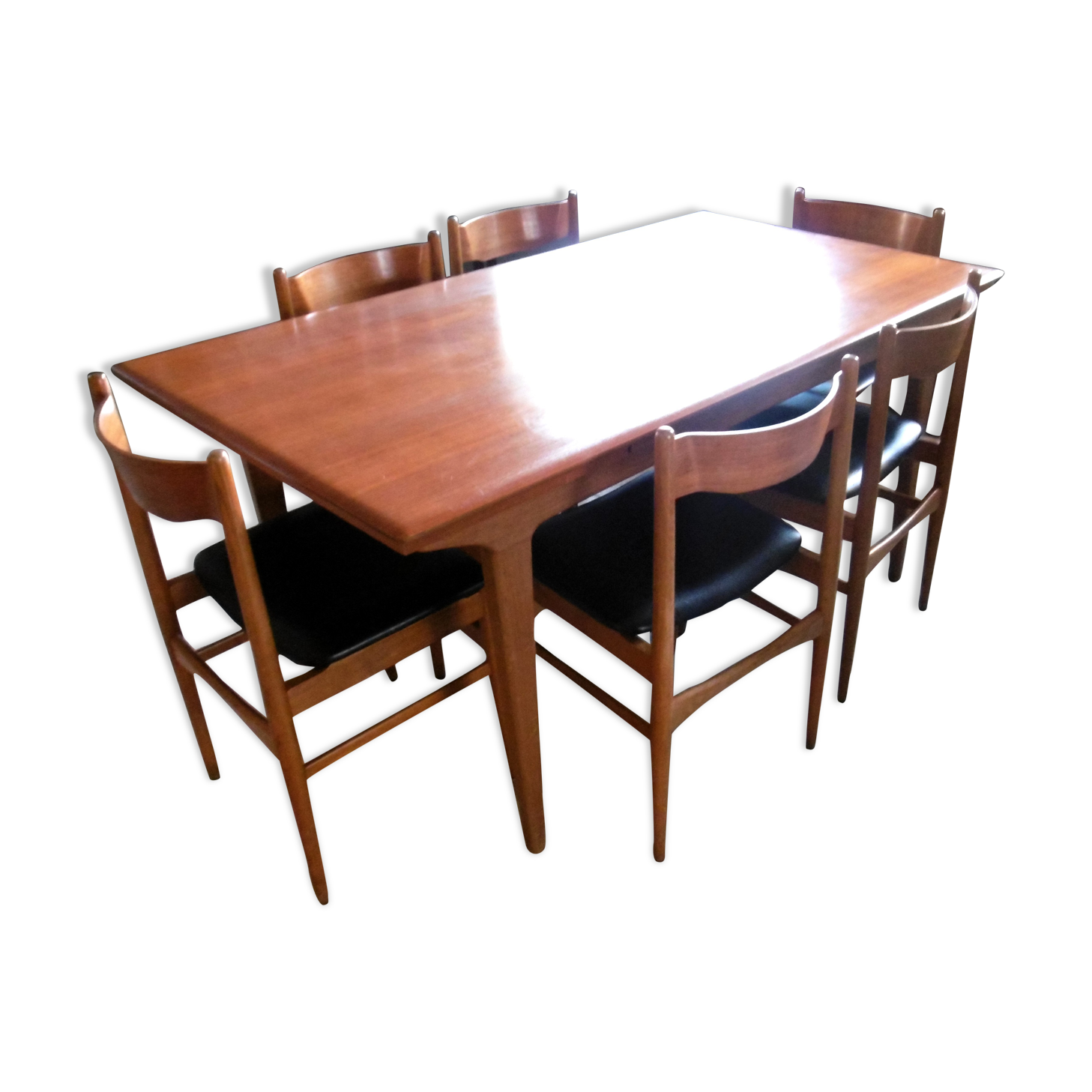 Table with two extensions and its 6 chairs scandinavian teak of the 1970s