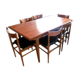Table with two extensions and its 6 chairs scandinavian teak of the 1970s