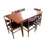 Table with two extensions and its 6 chairs scandinavian teak of the 1970s