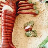 Assiette ancienne spectaculaire en céramique barbotine, ornée d'un homard