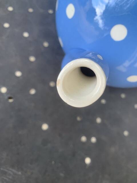 Lavender blue earthenware tea service with white polka dots from Digoin Sarreguemines.
