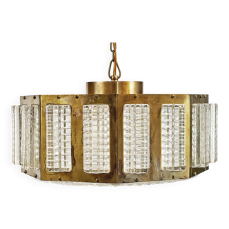 Brass pendant chandelier with glass prisms. Sweden 1960s