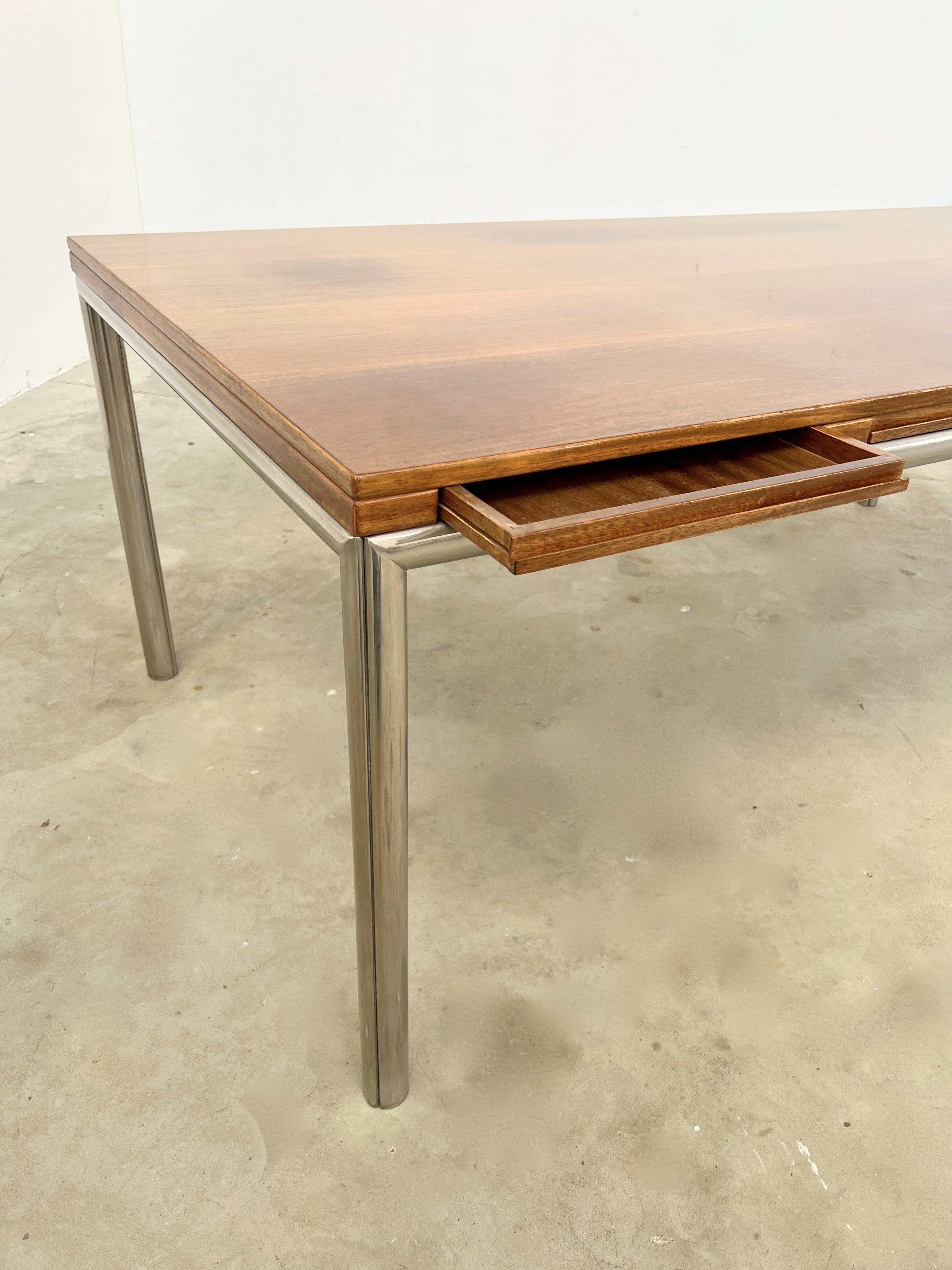 Italian walnut and chrome dining table with 4 drawers