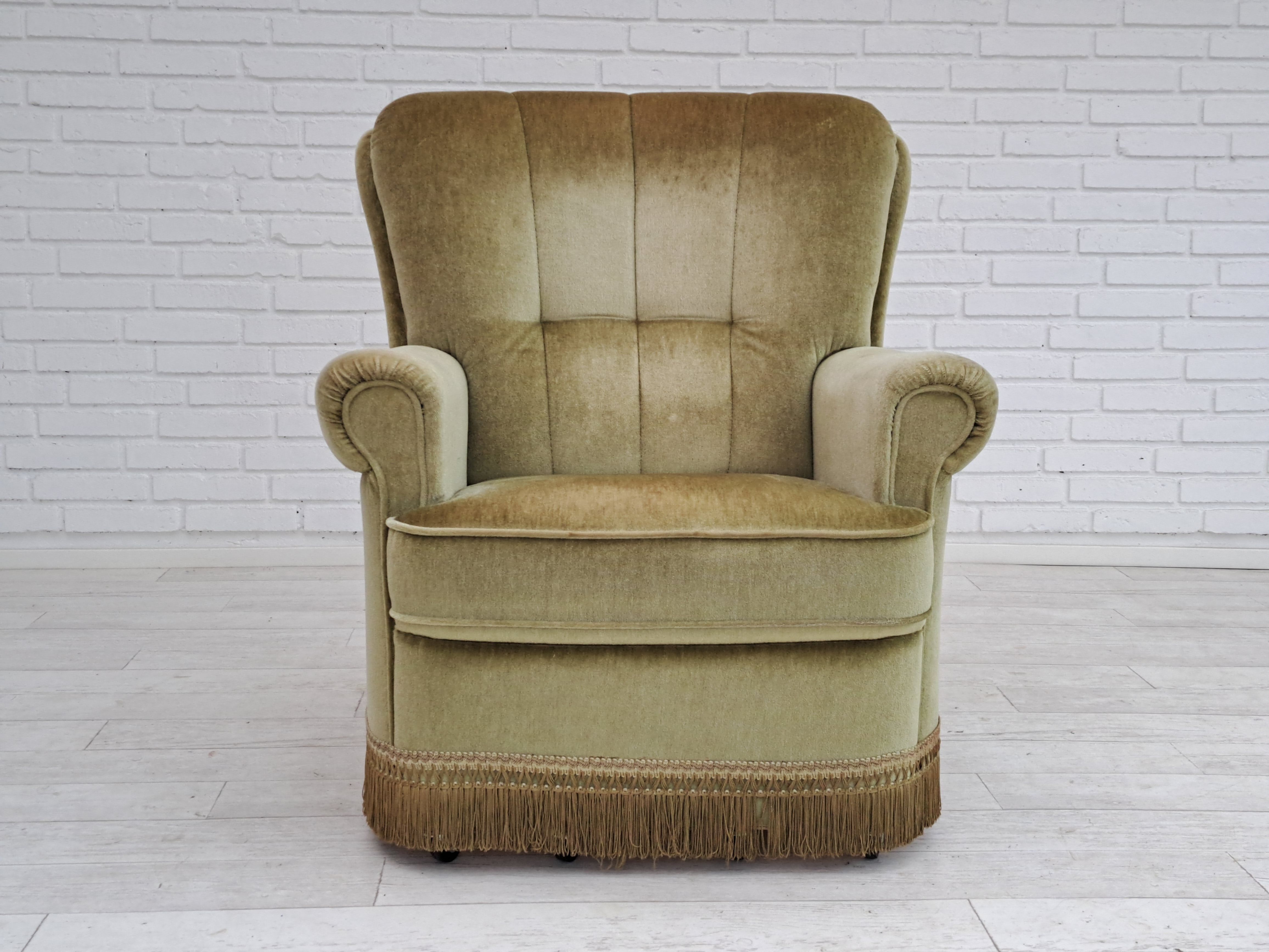 Danish velour armchair, original condition, beech wood, 80s