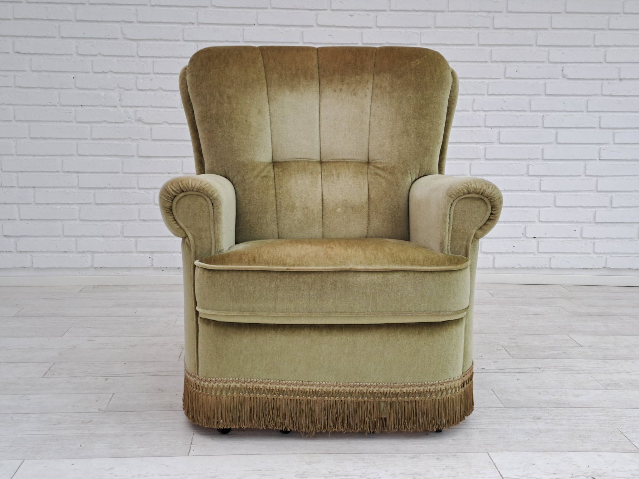 Danish velour armchair, original condition, beech wood, 80s