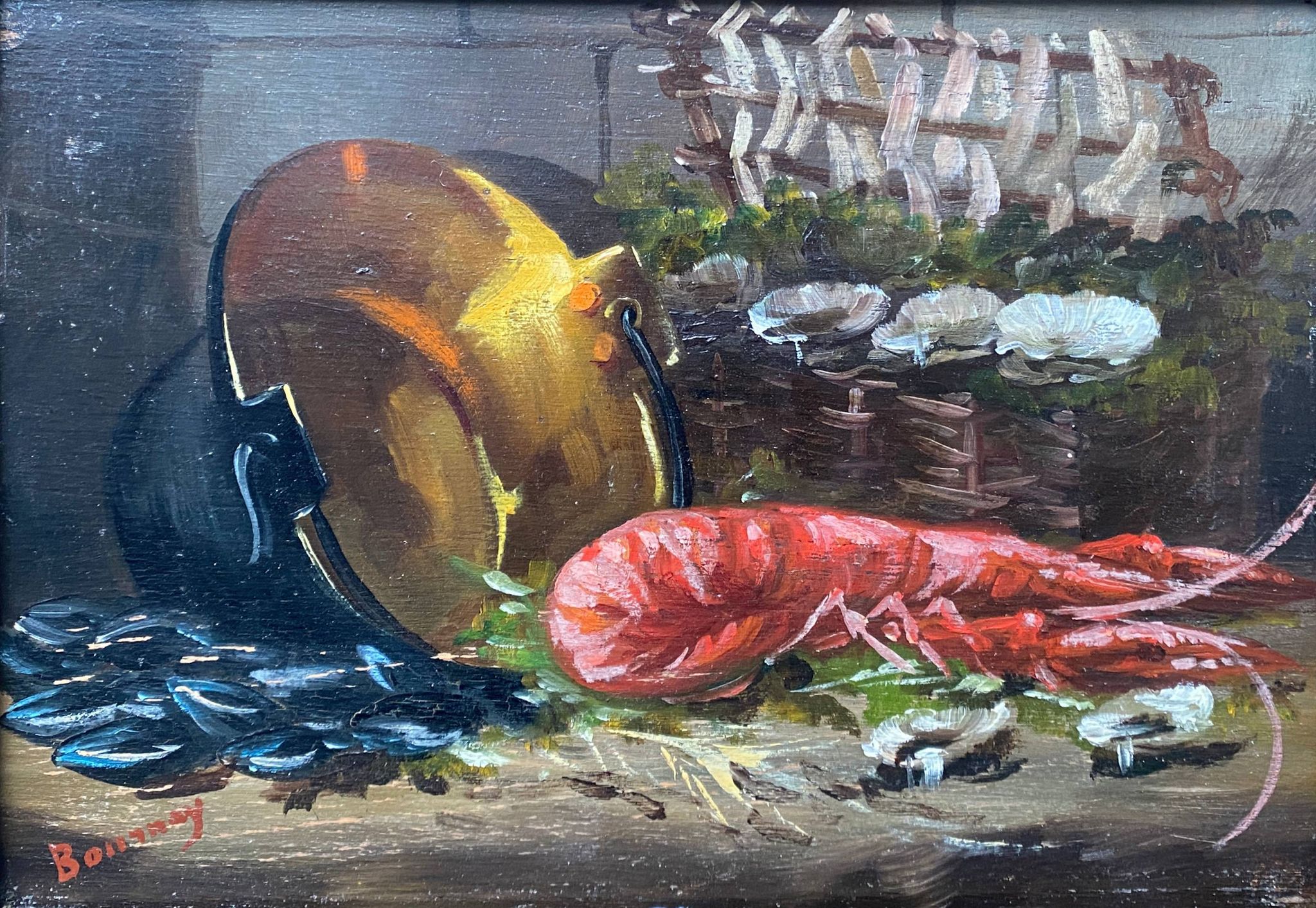 HSP painting "Still life with mussels and lobster" 19th century signed Bournay + frame