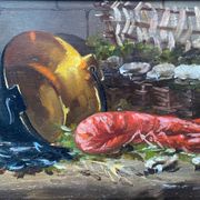 HSP painting "Still life with mussels and lobster" 19th century signed Bournay + frame