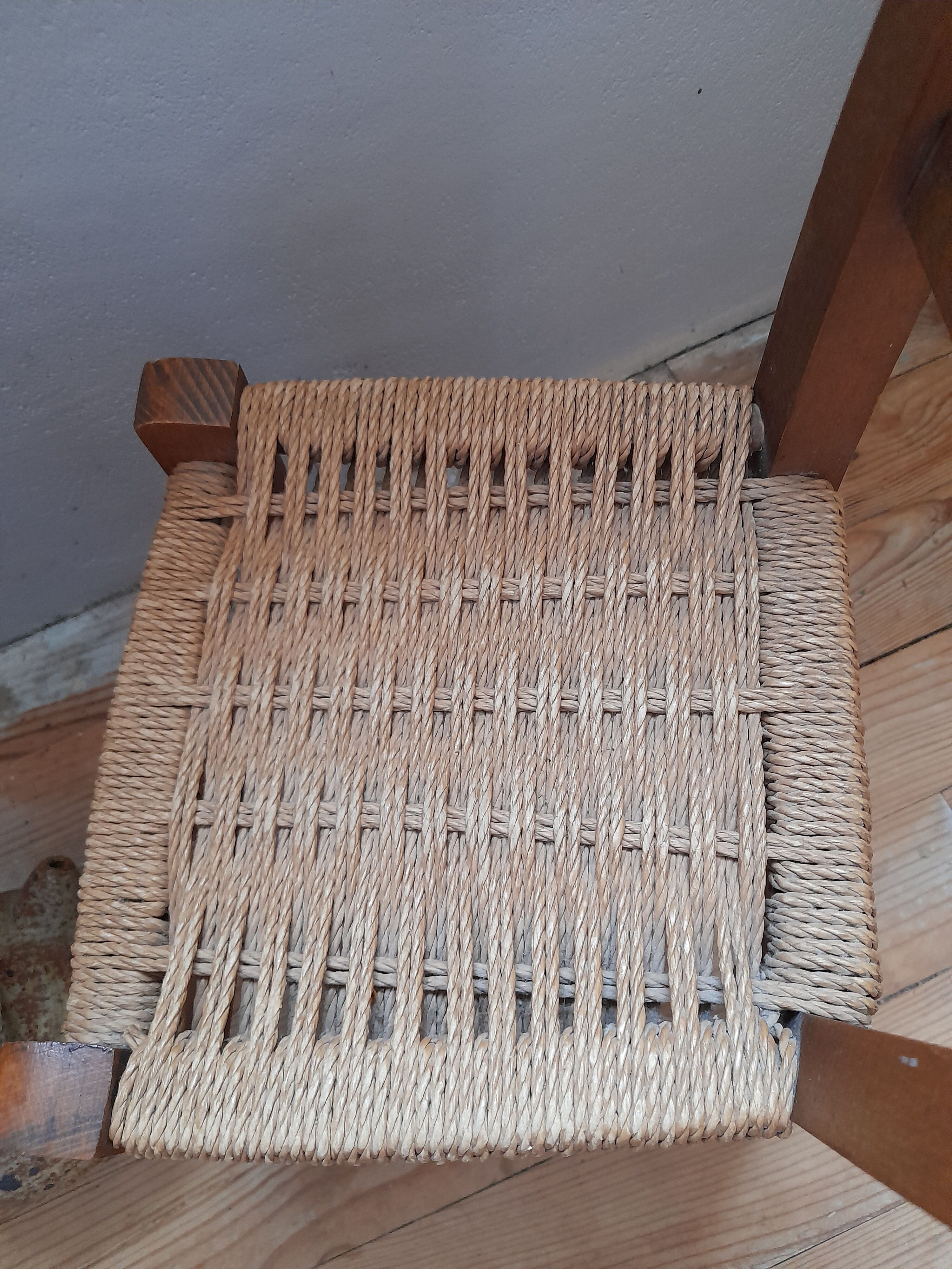 Wooden children's chair, rope seat, circa 1950