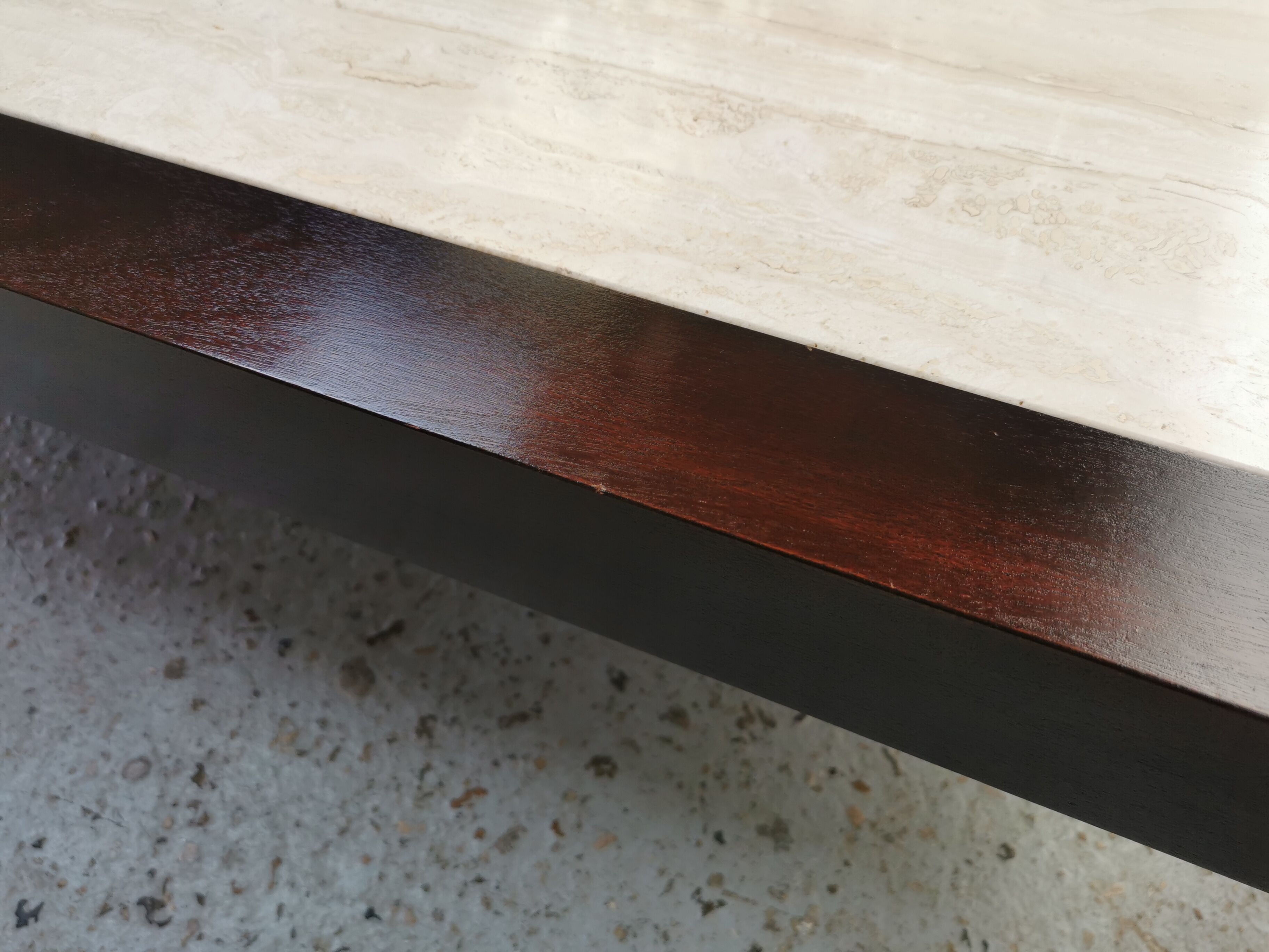 Table basse vintage travertin et bois design 1970