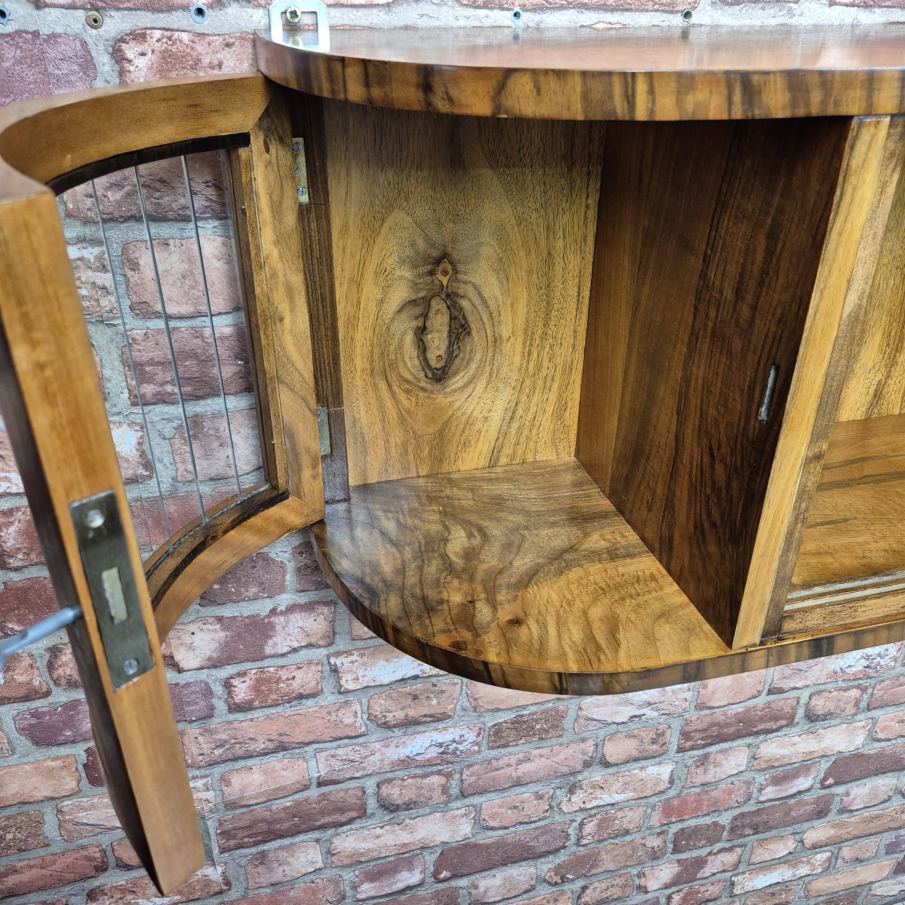Rare 3-Zone Art Deco Walnut Wall Display Cabinet with Slatted Glass Doors