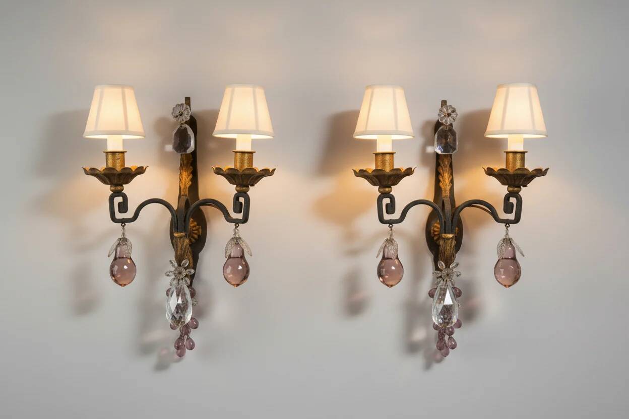 Maison Baguès, paire d'appliques en fer forgé et tôle dorée vers 1900