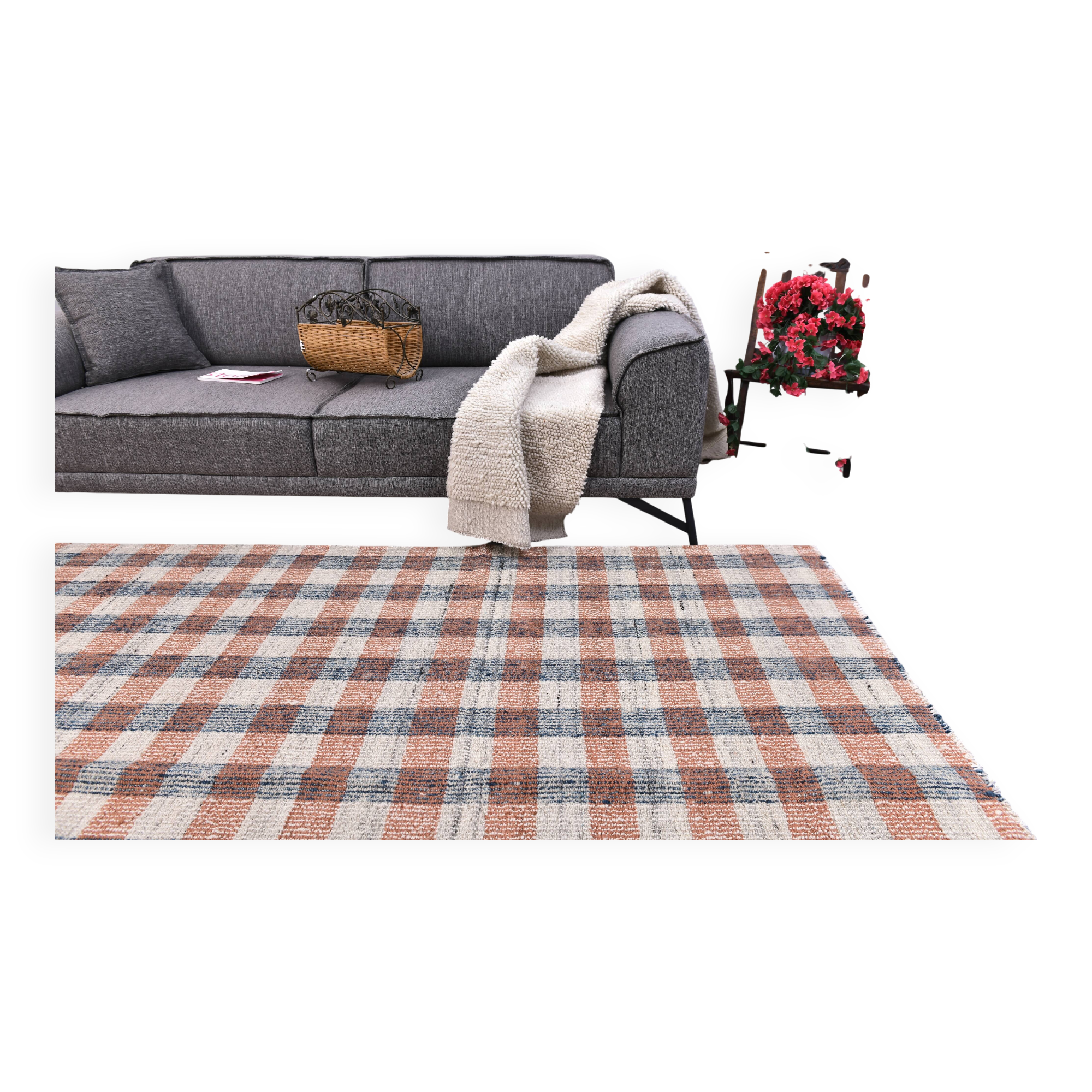 190x290 cm organic wool made kilim , orange blue wool kilim, kilim stripe