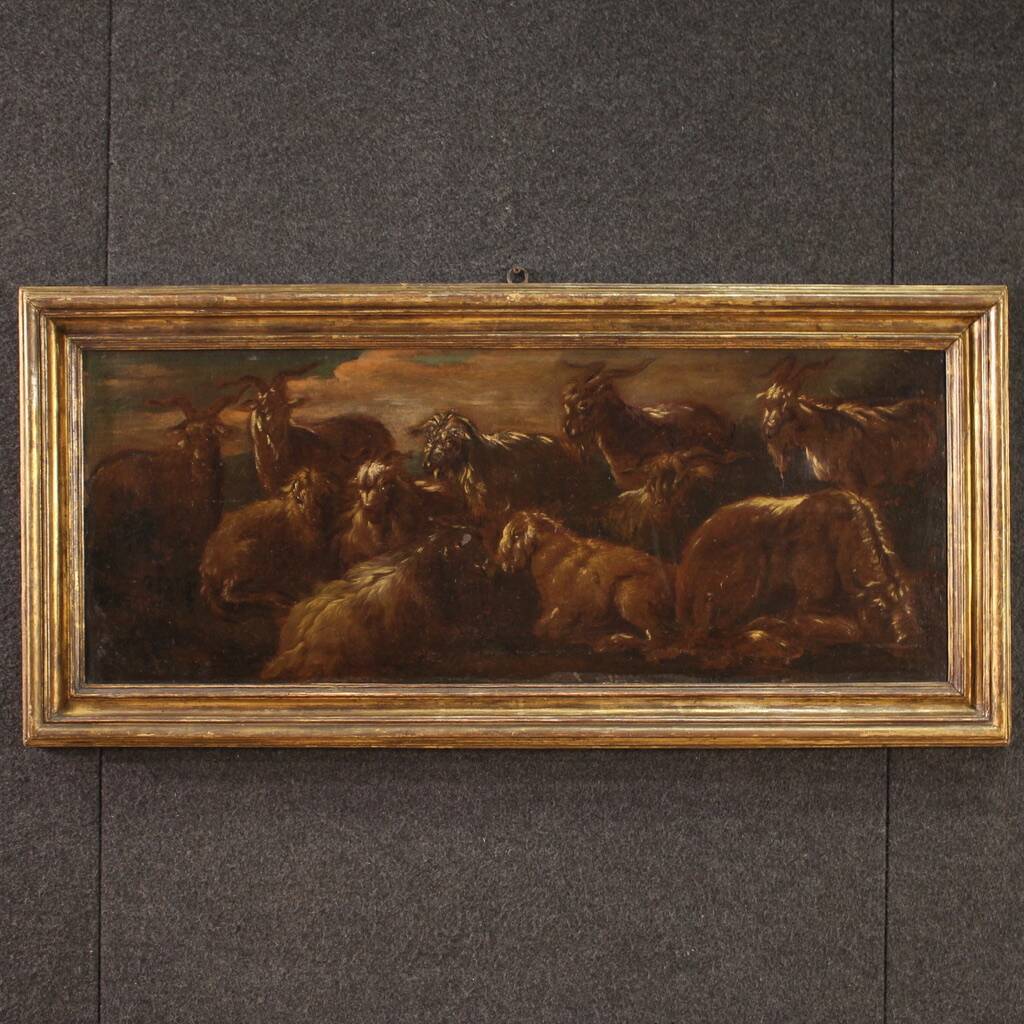 Peinture ancienne paysage avec des chèvres du XVIIe siècle