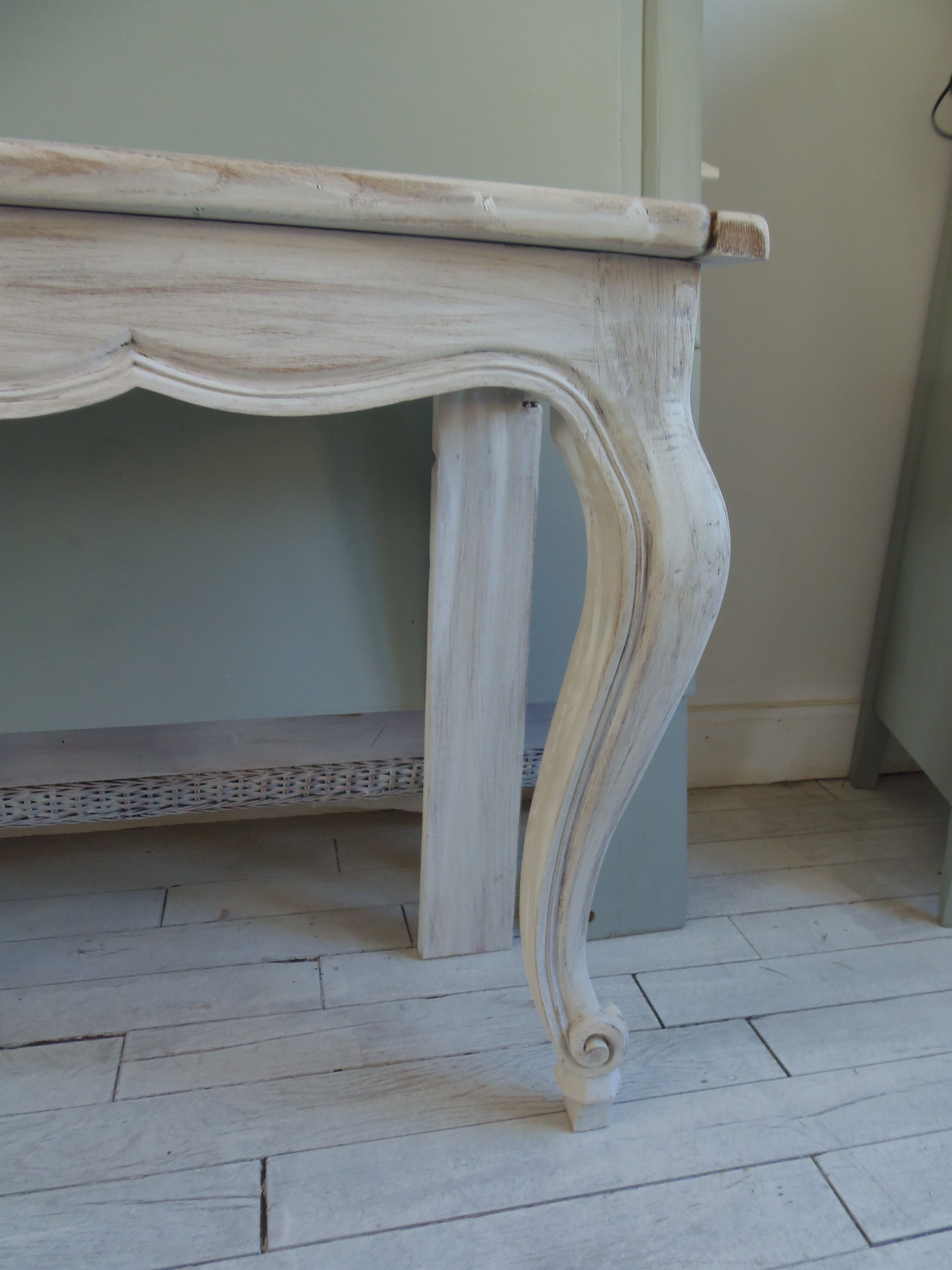Louis XV style console in pearl gray patinated oak, patinated inlaid top.