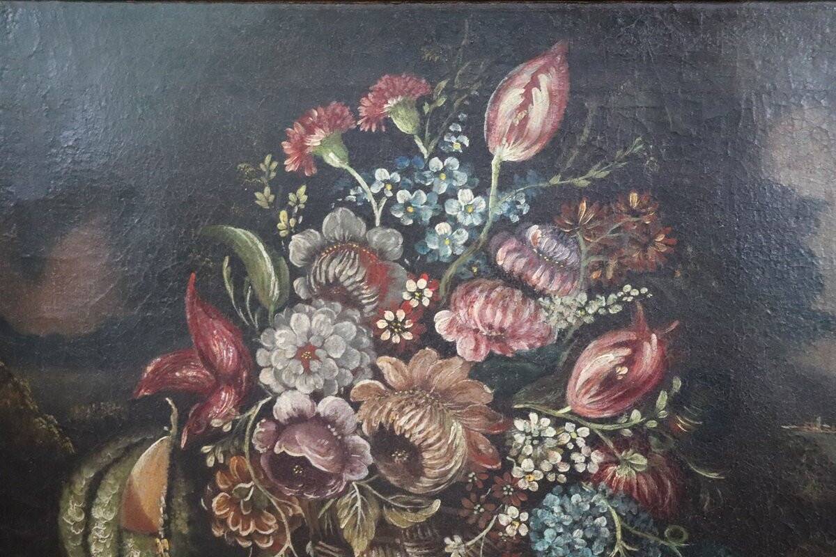Still Life With Flowers, Oil On Canvas, Italy 18th Century