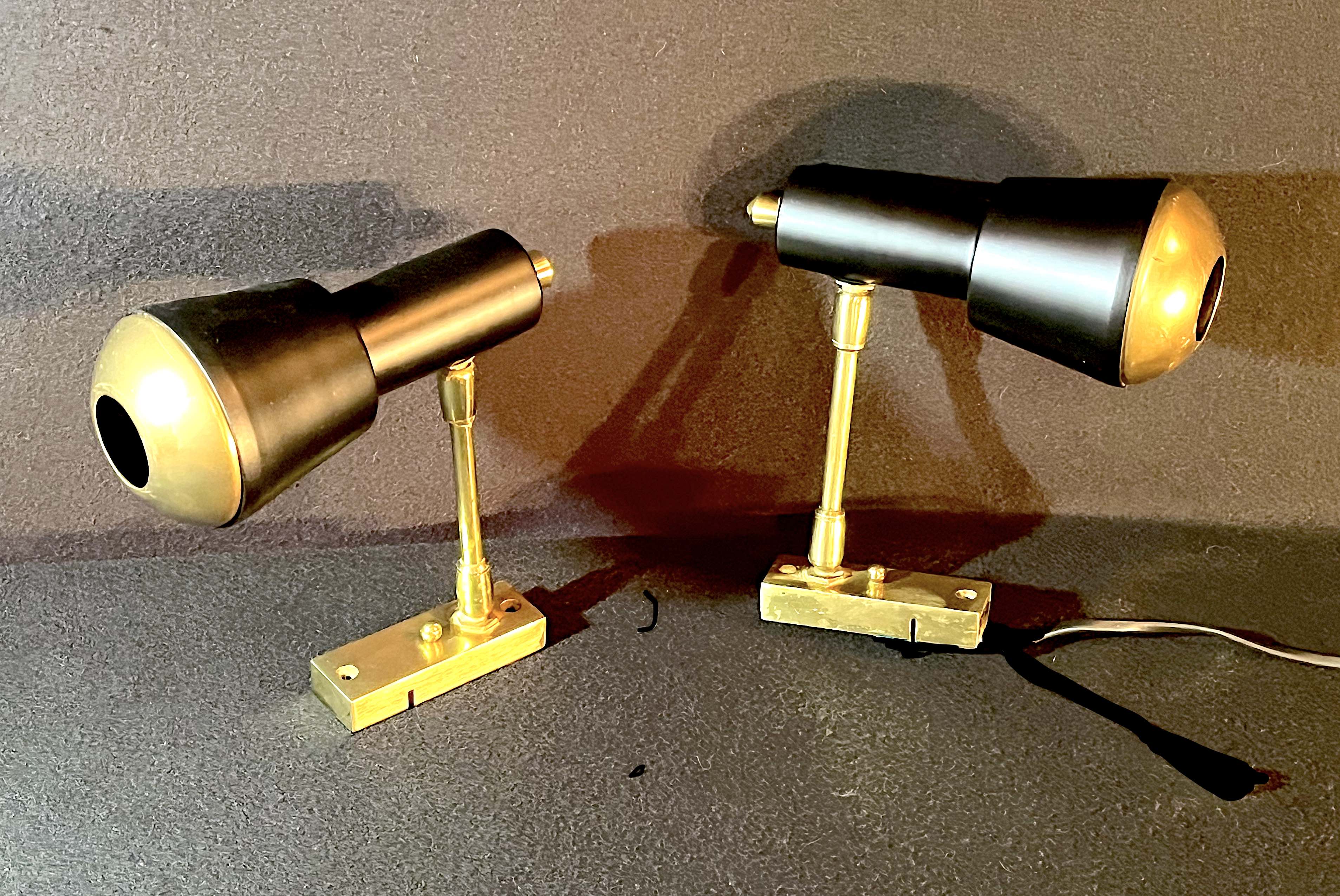 Pair of black and gold metal spotlights, Italy, Mid-Century