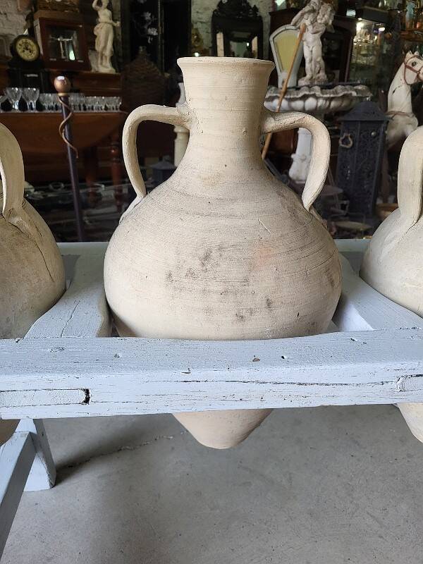 Antique painted wooden jar holder with 4 earthenware jars