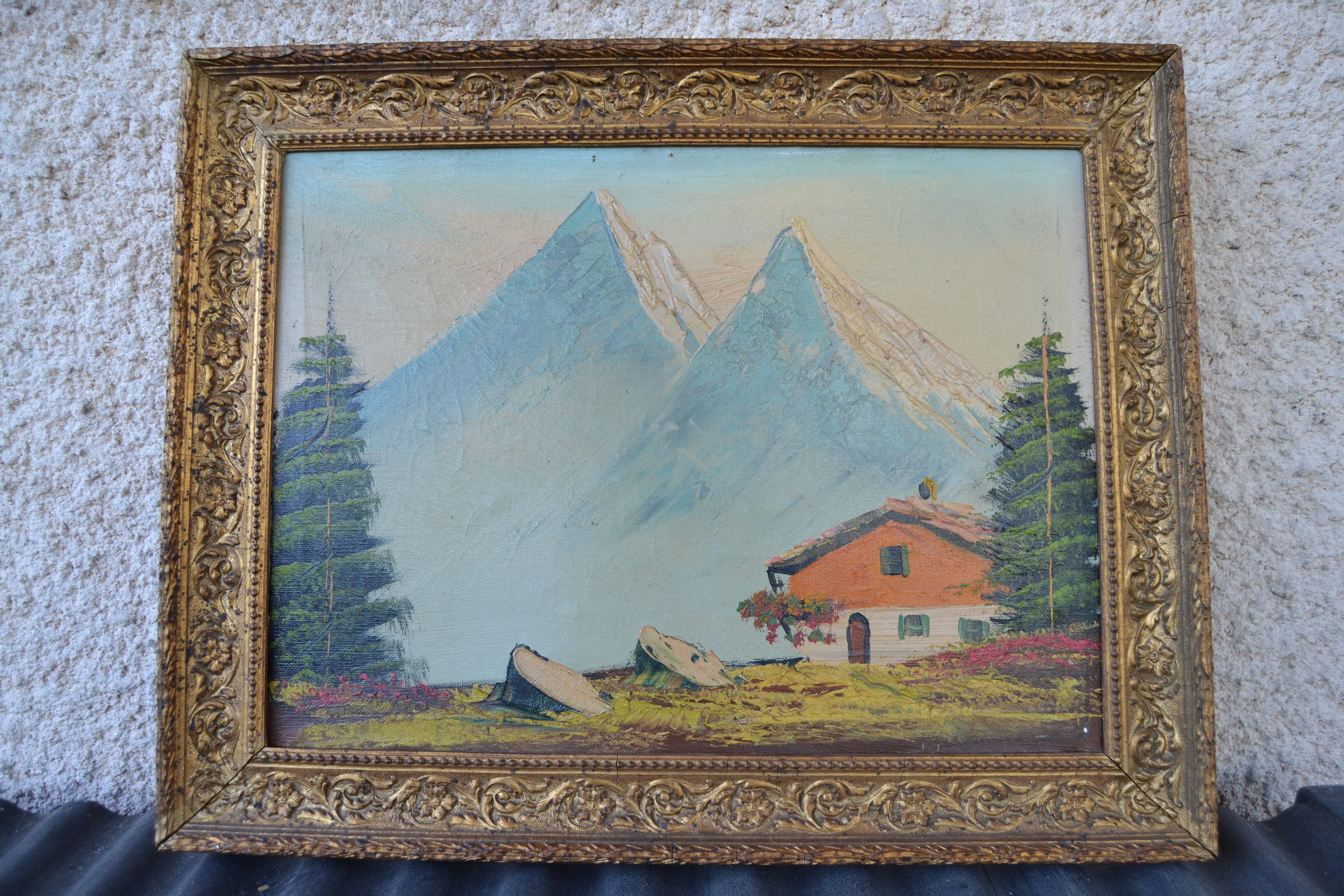 Ancient painting 19th century mountain landscape
