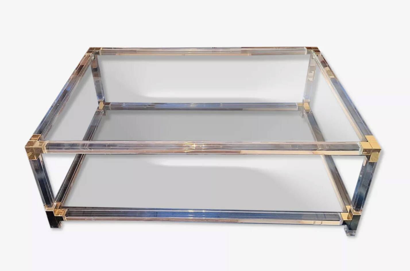Large Italian 2-level coffee table in lucite, glass and gilt brass, 1970-80