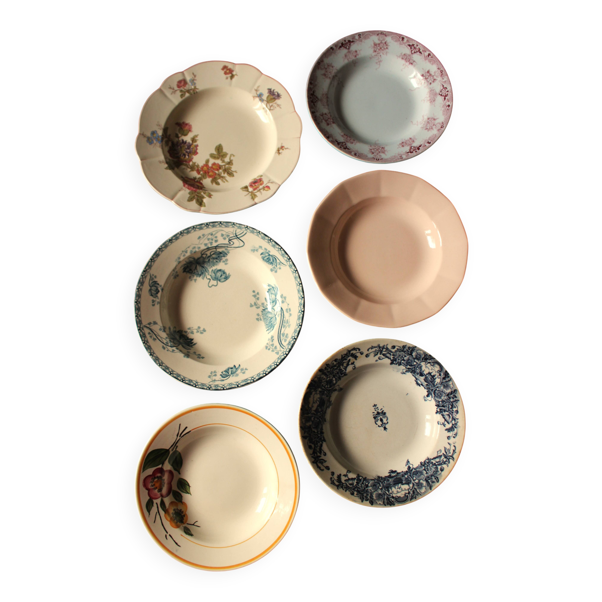 6 mismatched Terre de Fer soup plates from Digoin Sarreguemines