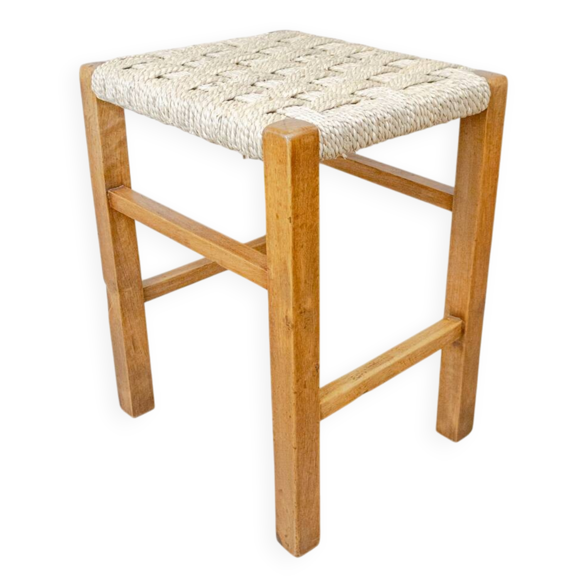 Tabouret bas vintage en bois avec jonc de mer