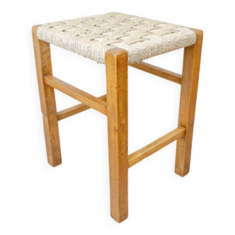 Tabouret bas vintage en bois avec jonc de mer