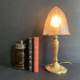 Art Nouveau table lamp in gilded bronze and molded pressed glass globe